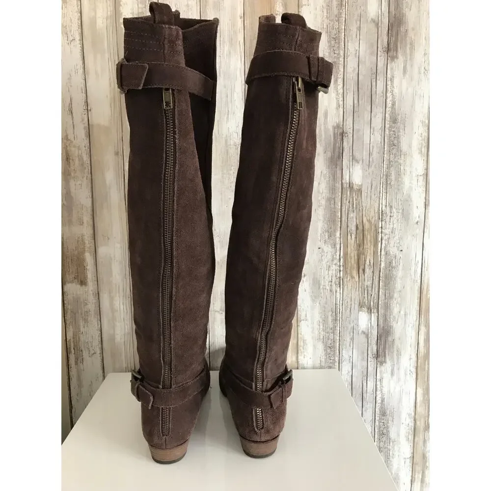JOIE Many Roads Over The Knee Brown Suede Flat Boots Buckle Zipper 37 6.5
